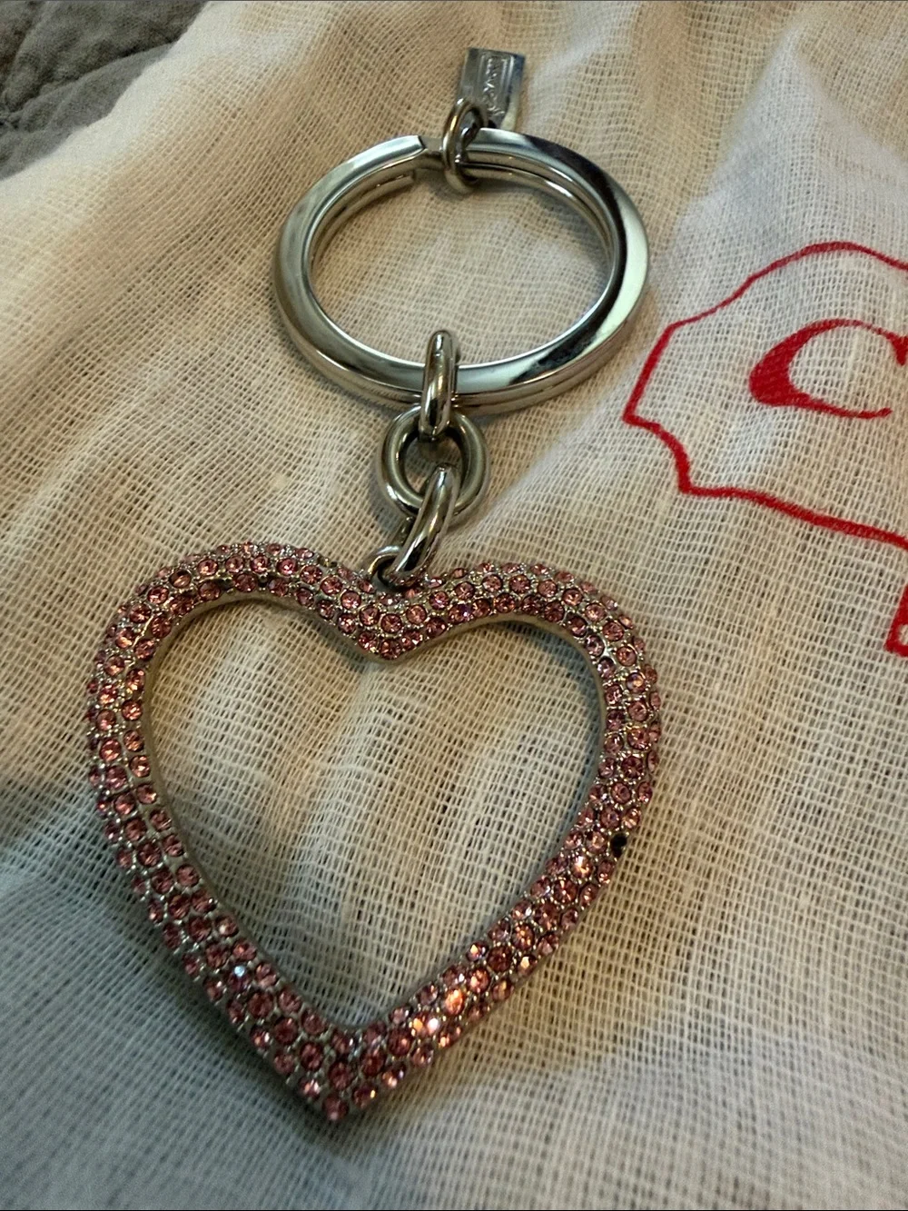 Coach Pink Crystal Heart Key Ring with Silver-Tone Hardware